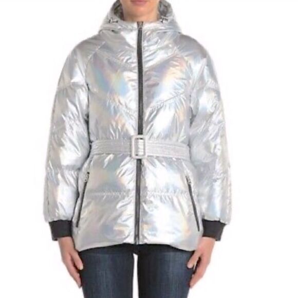 7 for all Mankind Holographic Belted Hooded Puffer Jacket L - Picture 1 of 7